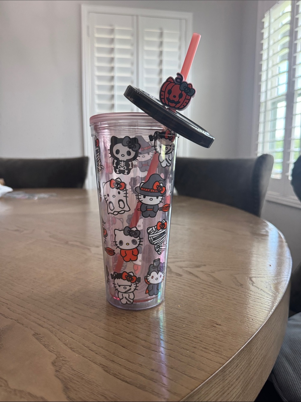 Hello Kitty Pink & Black Halloween Tumbler with Pumpkin Charm Straw